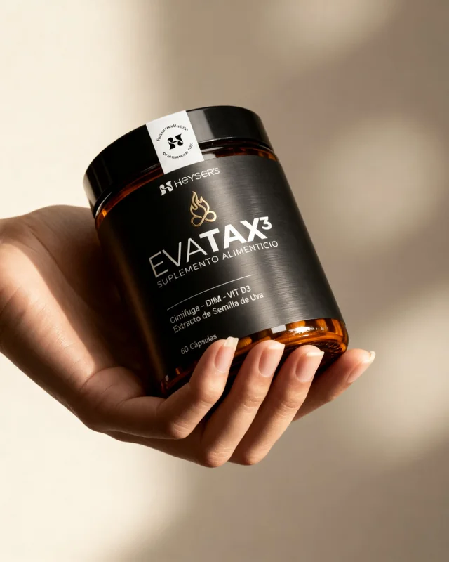 Frasco de EVATAX3 en mano, luz cálida